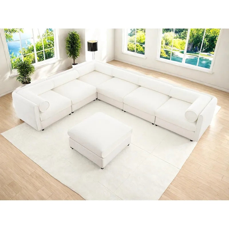 Sofá seccional modular en forma de L de chenilla verde / blanco / azul, 7 asientos