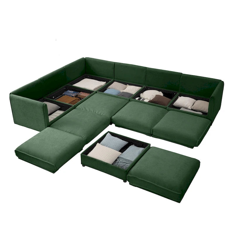 Sofá seccional modular en forma de L de chenilla verde / blanco / azul, 7 asientos