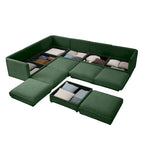 Sofá seccional modular en forma de L de chenilla verde / blanco / azul, 7 asientos