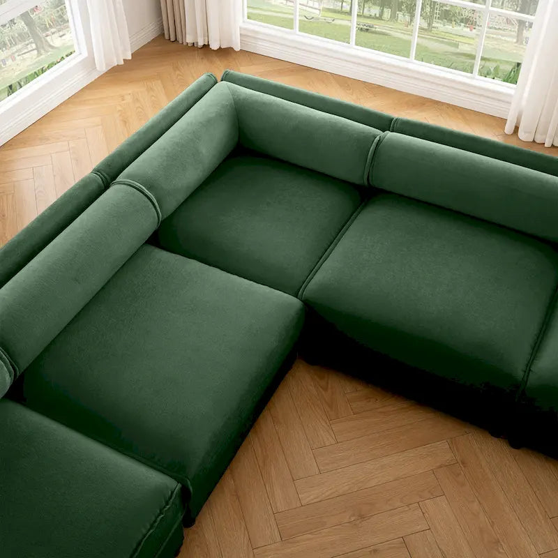 Sofá seccional modular en forma de L de chenilla verde / blanco / azul, 7 asientos