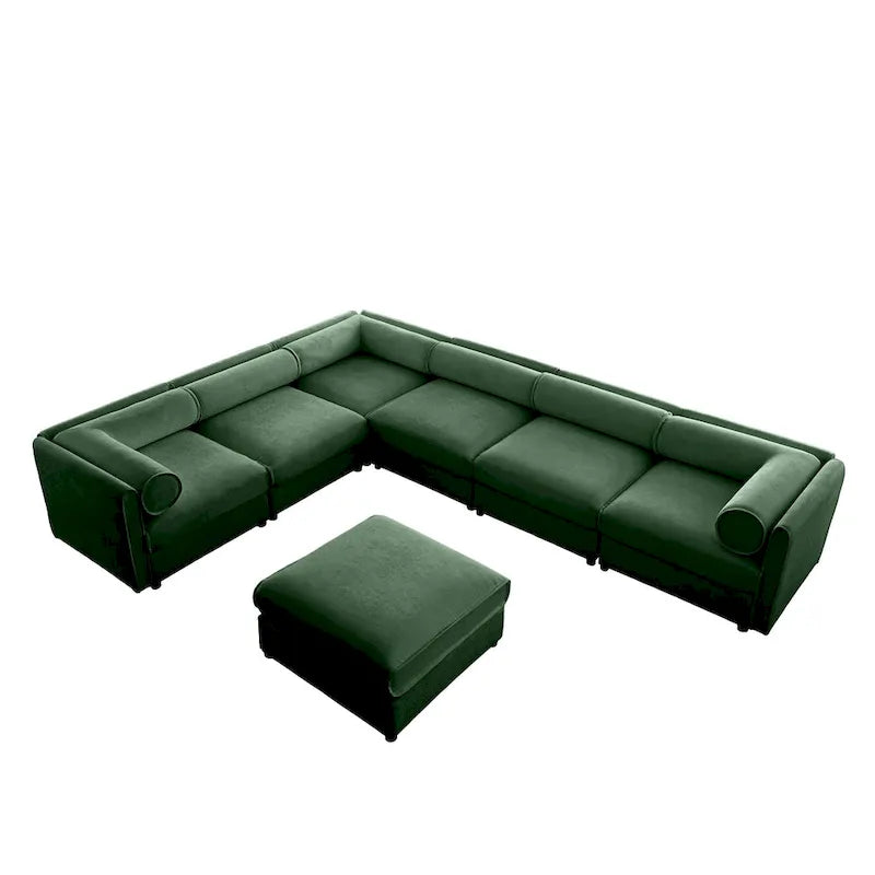 Sofá seccional modular en forma de L de chenilla verde / blanco / azul, 7 asientos