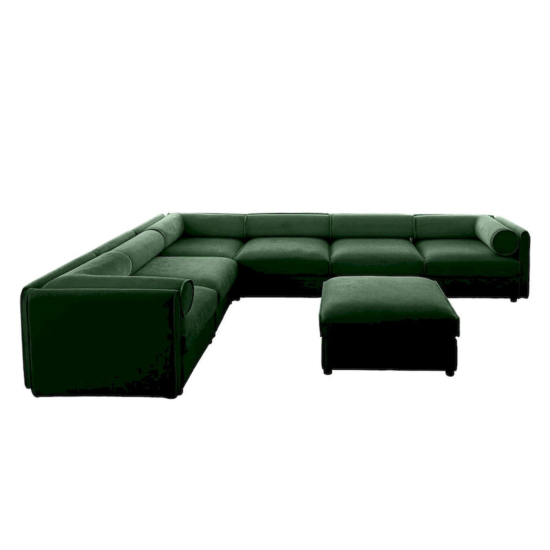 Sofá seccional modular en forma de L de chenilla verde / blanco / azul, 7 asientos