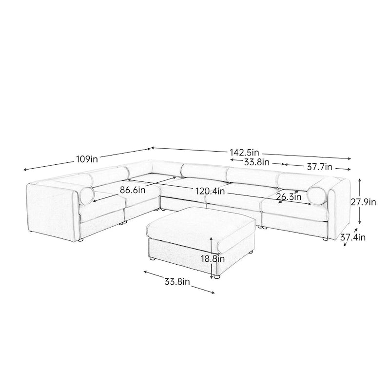 Sofá seccional modular en forma de L de chenilla verde / blanco / azul, 7 asientos