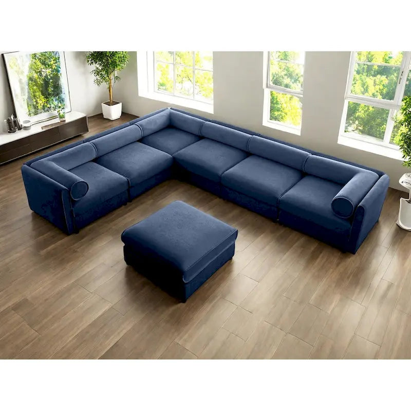 Sofá seccional modular en forma de L de chenilla verde / blanco / azul, 7 asientos