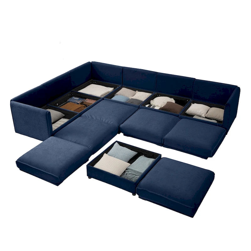 Sofá seccional modular en forma de L de chenilla verde / blanco / azul, 7 asientos