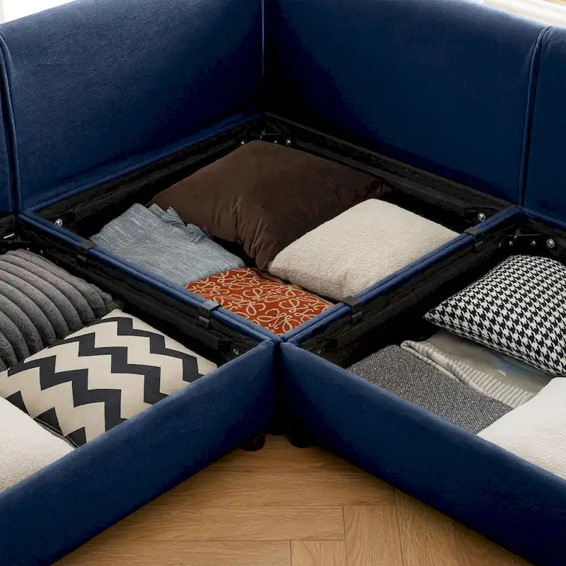 Sofá seccional modular en forma de L de chenilla verde / blanco / azul, 7 asientos