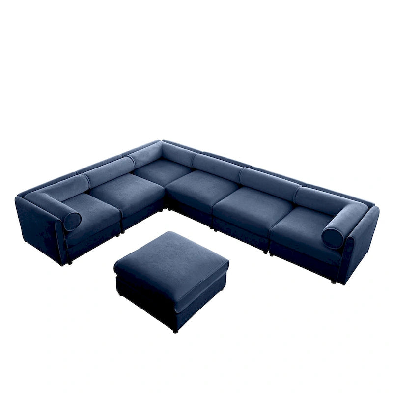 Sofá seccional modular en forma de L de chenilla verde / blanco / azul, 7 asientos