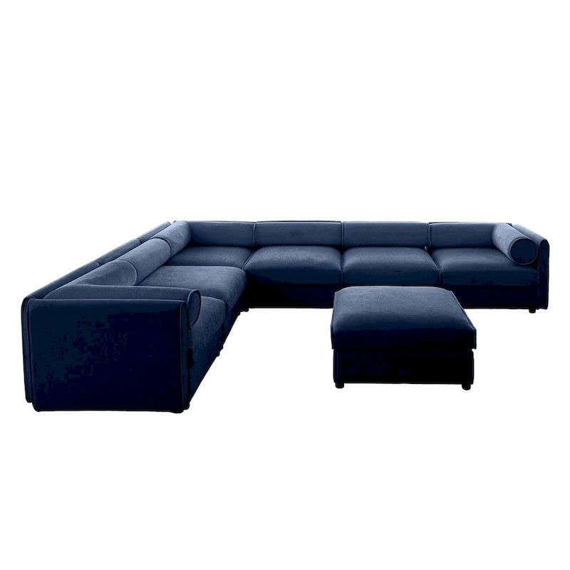 Sofá seccional modular en forma de L de chenilla verde / blanco / azul, 7 asientos