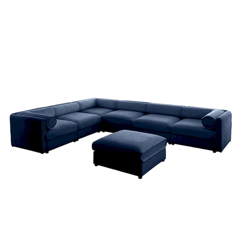 Sofá seccional modular en forma de L de chenilla verde / blanco / azul, 7 asientos