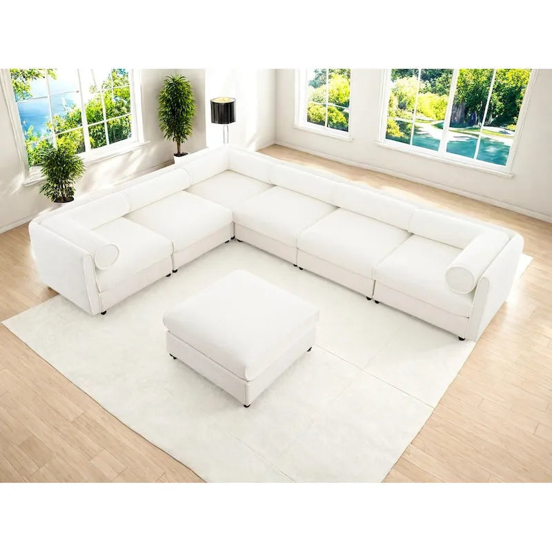 Sofá seccional modular en forma de L de chenilla verde / blanco / azul, 7 asientos