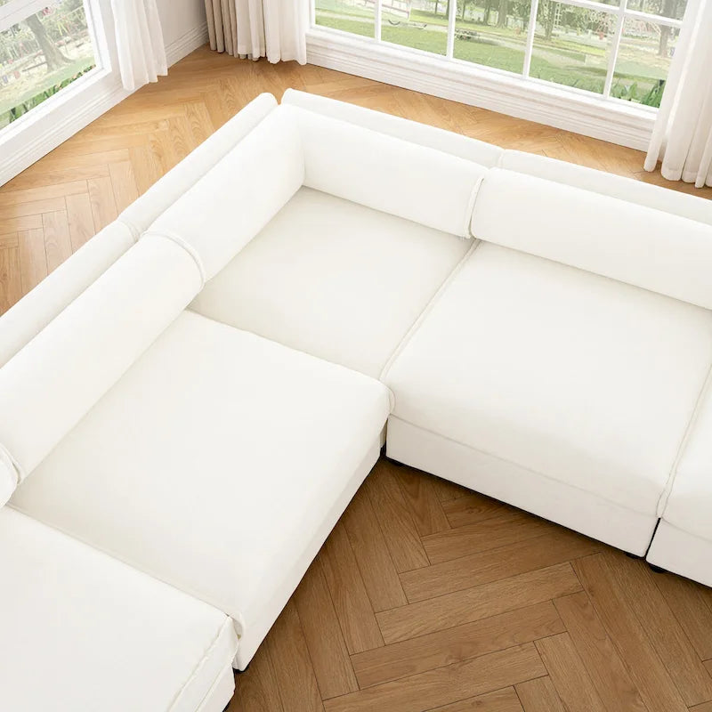 Sofá seccional modular en forma de L de chenilla verde / blanco / azul, 7 asientos