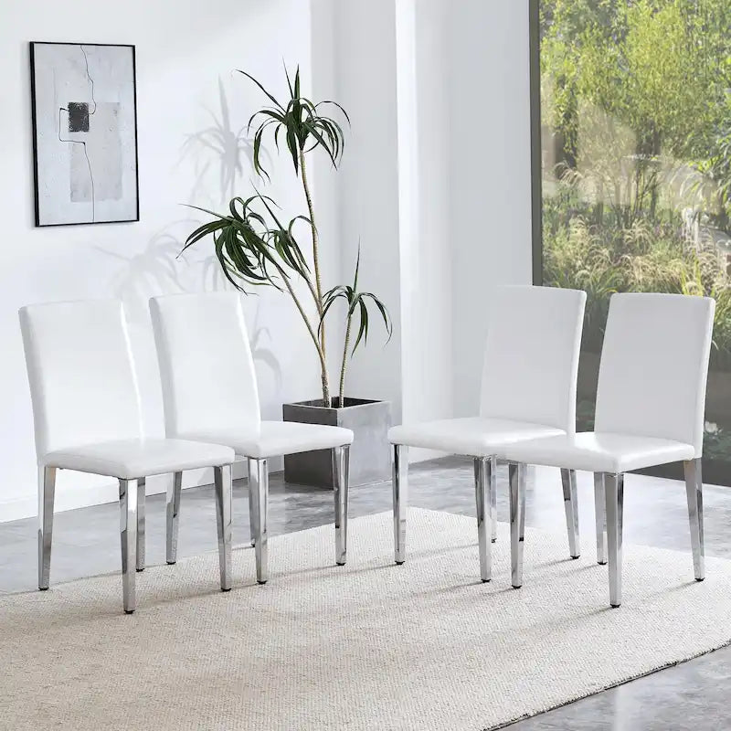 Silla de comedor de polipiel blanca y negra con patas de metal, juego de 4