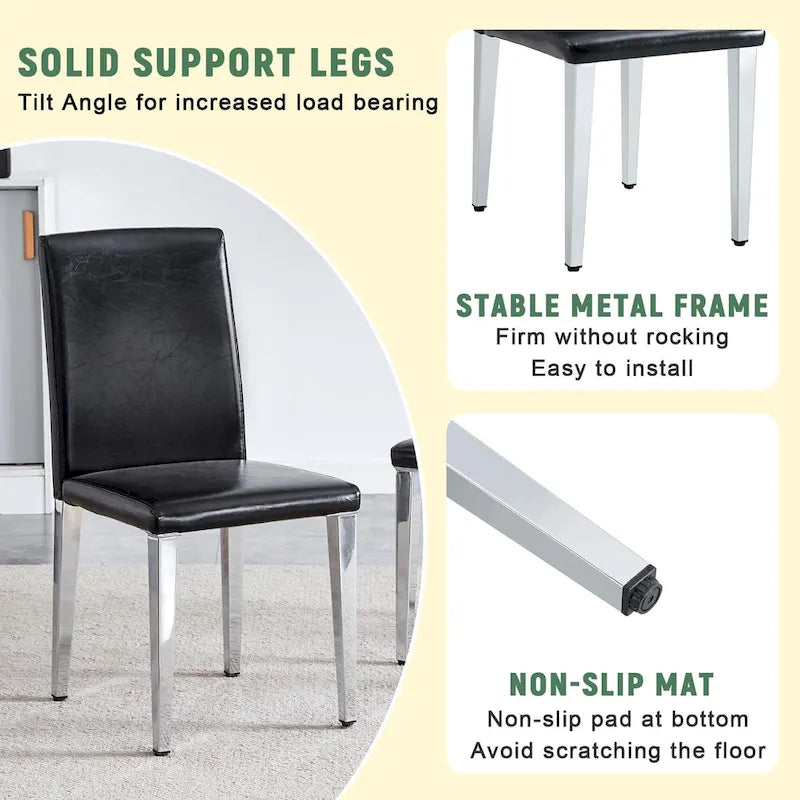 Silla de comedor de polipiel blanca y negra con patas de metal, juego de 4