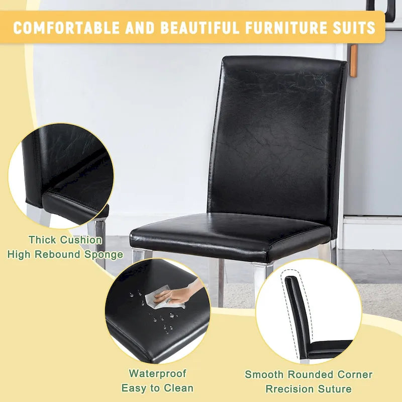 Silla de comedor de polipiel blanca y negra con patas de metal, juego de 4