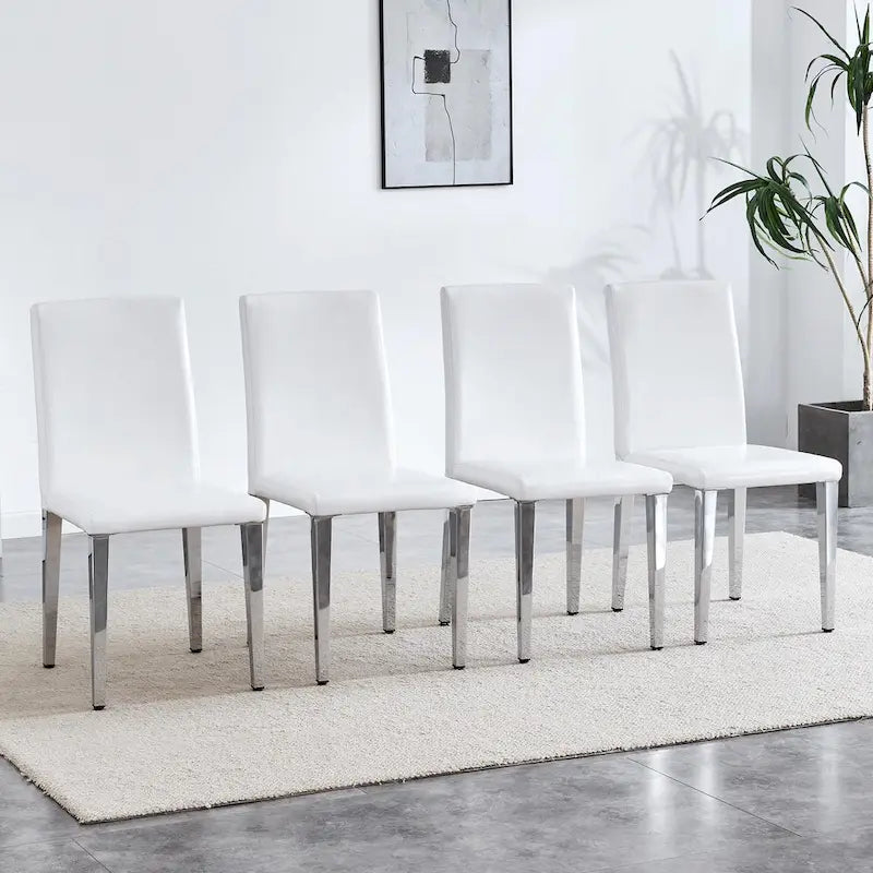 Silla de comedor de polipiel blanca y negra con patas de metal, juego de 4