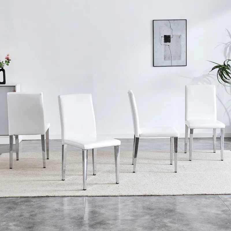 Silla de comedor de polipiel blanca y negra con patas de metal, juego de 4