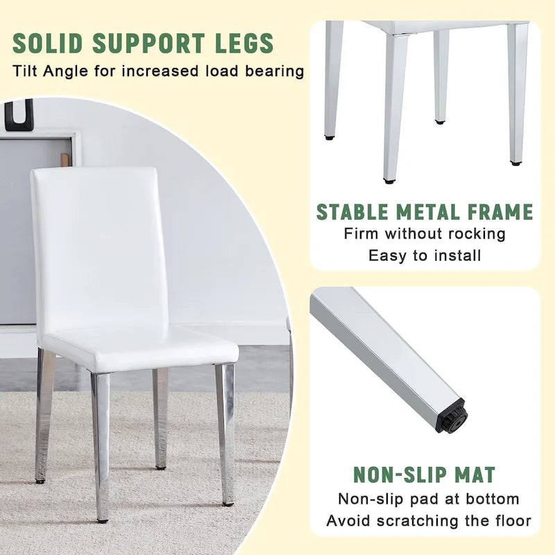 Silla de comedor de polipiel blanca y negra con patas de metal, juego de 4