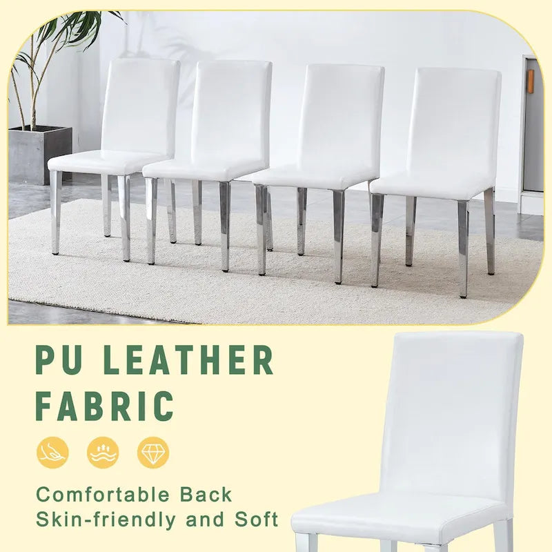 Silla de comedor de polipiel blanca y negra con patas de metal, juego de 4
