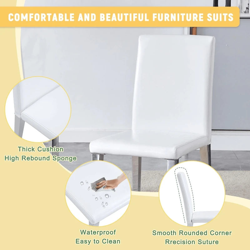 Silla de comedor de polipiel blanca y negra con patas de metal, juego de 4