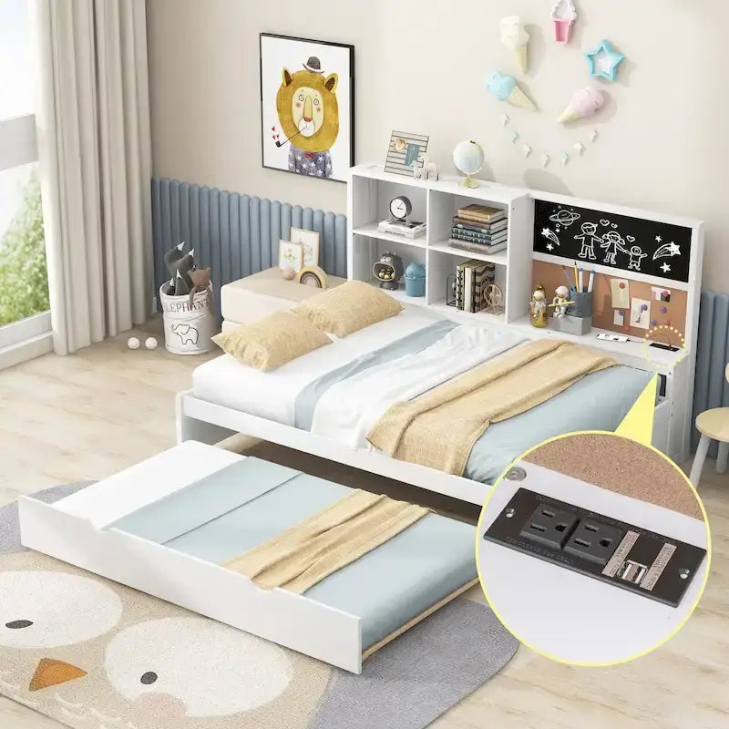 Cama de día blanca de tamaño completo con cama nido, para 2 personas