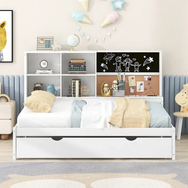 Cama de día blanca de tamaño completo con cama nido, para 2 personas