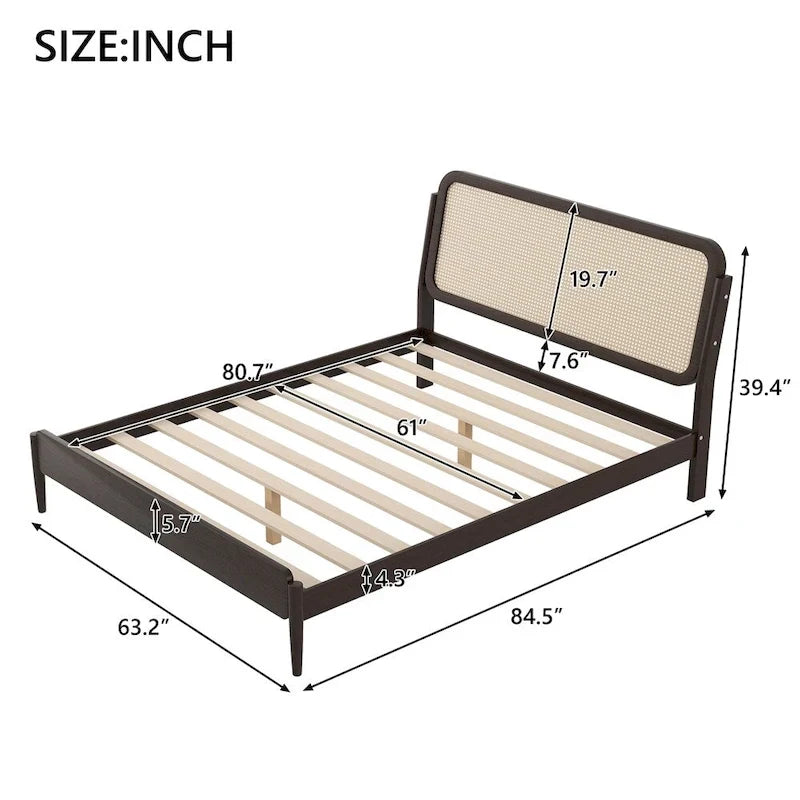 Cama de plataforma Queen Espresso antigua con luces LED y cabecero de ratán, capacidad para 2