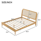 Cama de plataforma Queen Espresso antigua con luces LED y cabecero de ratán, capacidad para 2