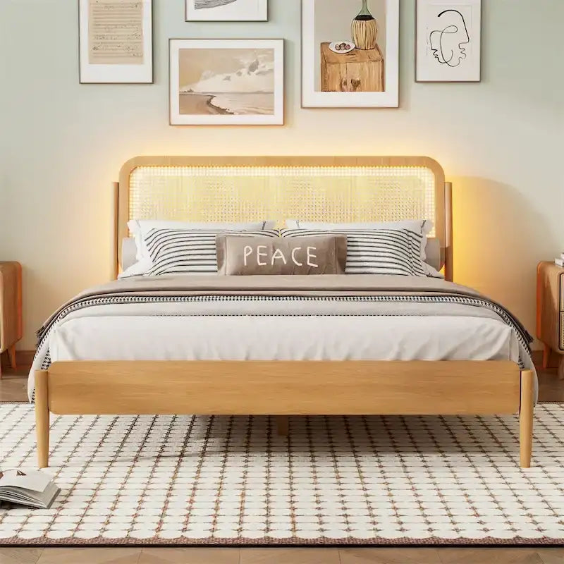 Cama de plataforma Queen Espresso antigua con luces LED y cabecero de ratán, capacidad para 2