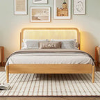 Cama de plataforma Queen Espresso antigua con luces LED y cabecero de ratán, capacidad para 2