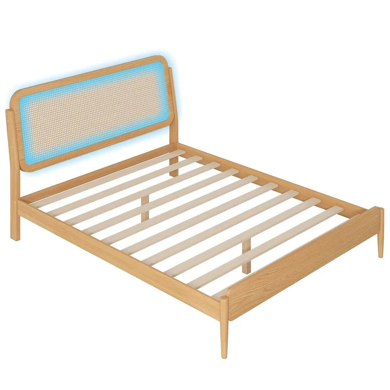 Cama de plataforma Queen Espresso antigua con luces LED y cabecero de ratán, capacidad para 2