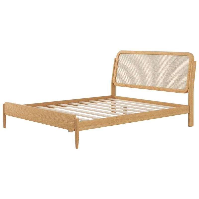 Cama de plataforma Queen Espresso antigua con luces LED y cabecero de ratán, capacidad para 2