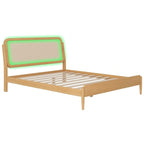 Cama de plataforma Queen Espresso antigua con luces LED y cabecero de ratán, capacidad para 2