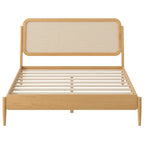Cama de plataforma Queen Espresso antigua con luces LED y cabecero de ratán, capacidad para 2