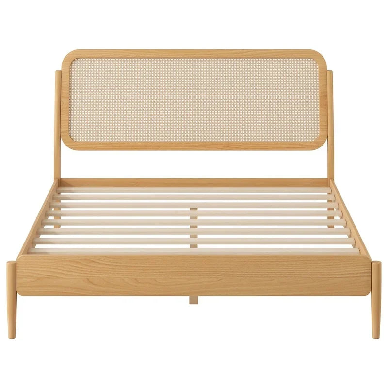 Cama de plataforma Queen Espresso antigua con luces LED y cabecero de ratán, capacidad para 2