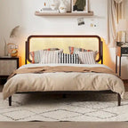 Cama de plataforma Queen Espresso antigua con luces LED y cabecero de ratán, capacidad para 2