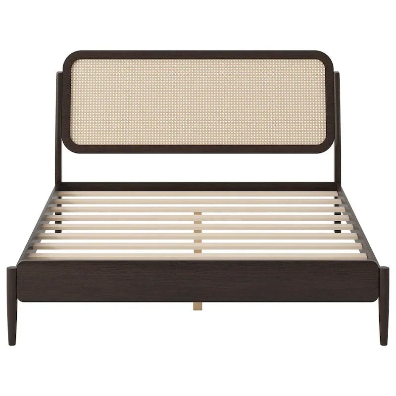Cama de plataforma Queen Espresso antigua con luces LED y cabecero de ratán, capacidad para 2