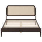 Cama de plataforma Queen Espresso antigua con luces LED y cabecero de ratán, capacidad para 2