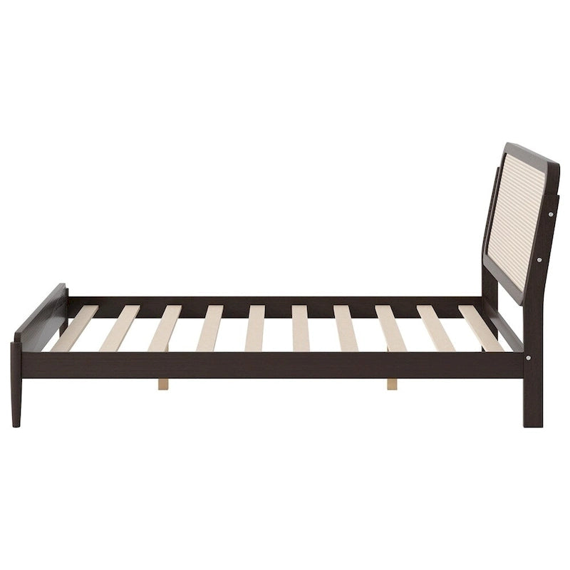 Cama de plataforma Queen Espresso antigua con luces LED y cabecero de ratán, capacidad para 2