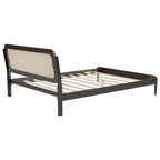 Cama de plataforma Queen Espresso antigua con luces LED y cabecero de ratán, capacidad para 2