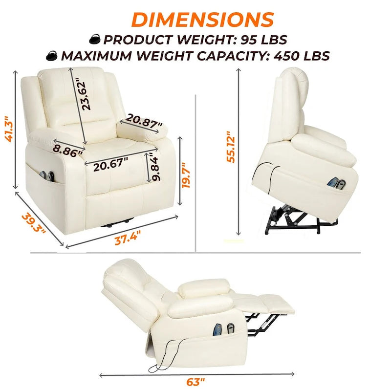 Sillón reclinable elevador eléctrico gris/negro/crema con calor y masaje, asiento individual