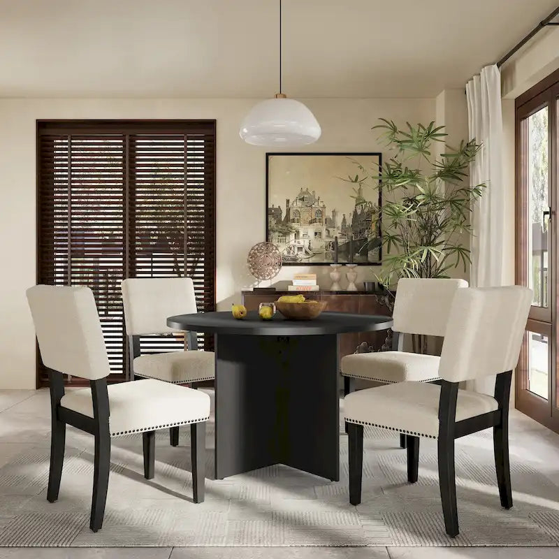 Juego de comedor redondo de 5 piezas, negro/natural, para 4 personas