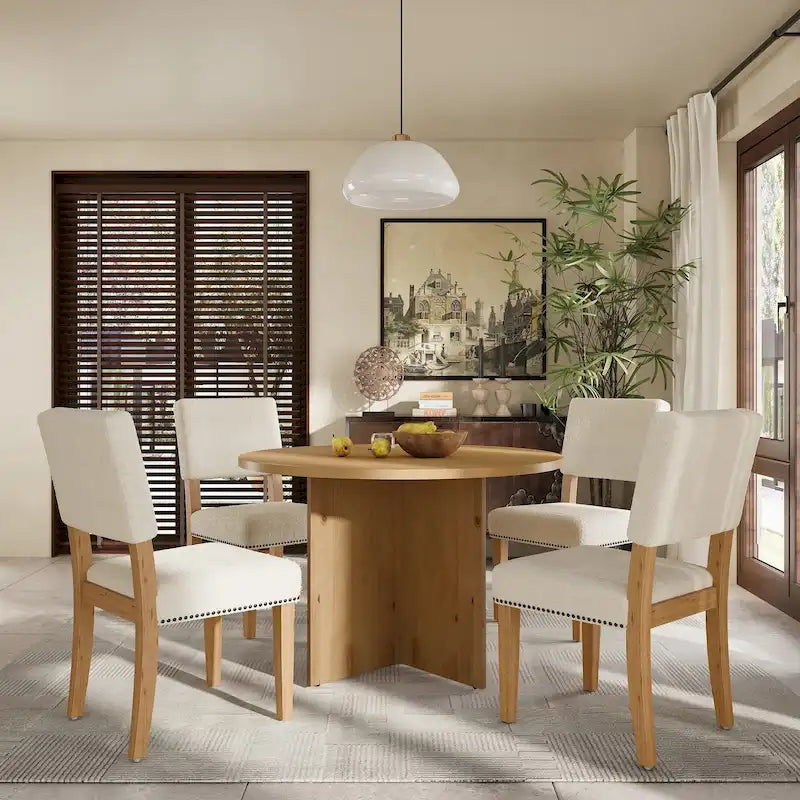 Juego de comedor redondo de 5 piezas, negro/natural, para 4 personas