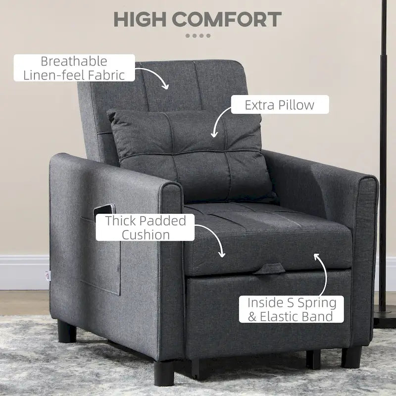 Sofá cama convertible gris oscuro con tacto de lino, 1-2 personas
