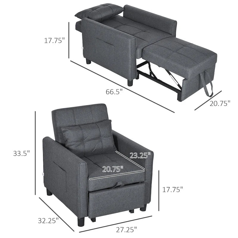 Sofá cama convertible gris oscuro con tacto de lino, 1-2 personas