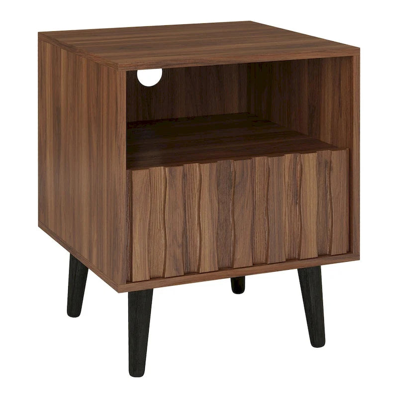 Mesita de Noche Acanalada de Nogal con Cajón y Estante Abierto, Estilo Mid-Century, Unidad Individual / Juego de 2