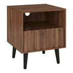 Mesita de Noche Acanalada de Nogal con Cajón y Estante Abierto, Estilo Mid-Century, Unidad Individual / Juego de 2