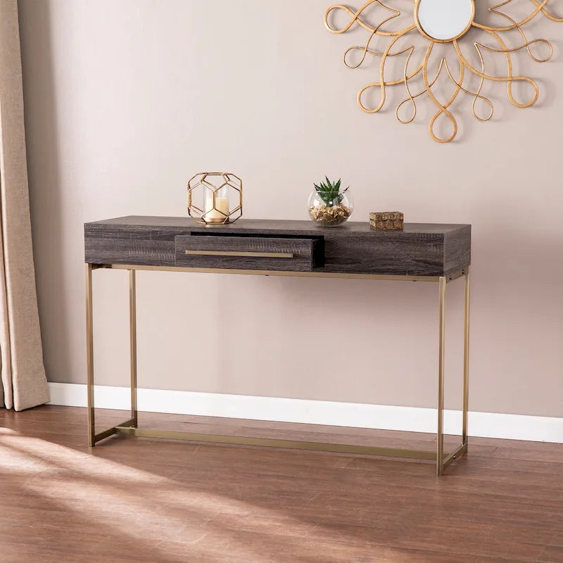 Mesa consola de transición de roble negro/latón antiguo con cajón