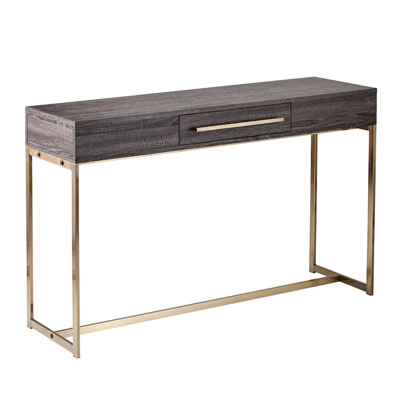 Mesa consola de transición de roble negro/latón antiguo con cajón