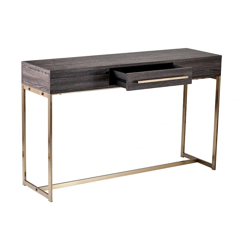 Mesa consola de transición de roble negro/latón antiguo con cajón