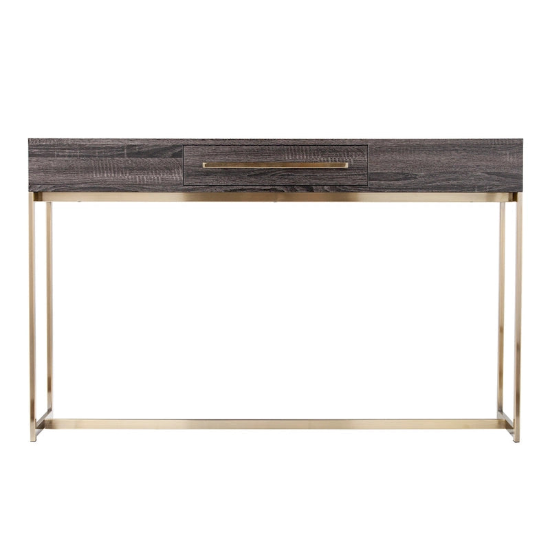 Mesa consola de transición de roble negro/latón antiguo con cajón
